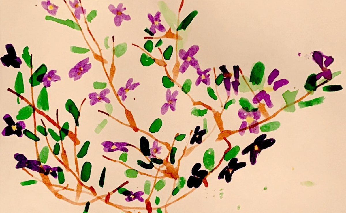 Fingerabdruckbild eines Kindes eines Mitarbeitenden. Zu sehen sind lila Blüten und grüne Blätter an braunen Ästen.