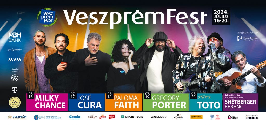 Plakat des Programms des VeszprémFestes 2024. Die verschiedenen Künstler*innen sind abgebildet mit der Info, an welchem Tag sie auftreten,