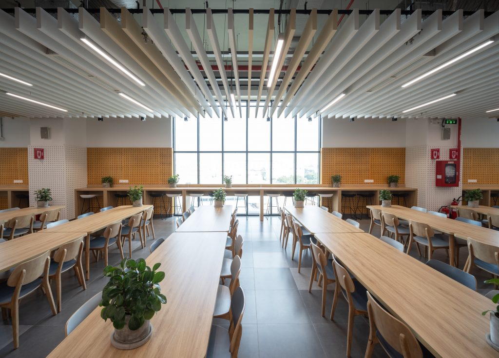 Einblick in die Kantine bei Pepperl+Fuchs Vietnam: Blick auf mehrere Tischreihen. Die Tische sind aus hellem Holz, sowie die Stühle mit weißer Lehne. Auf den Tischen stehen kleine, grüne Pflanzen.